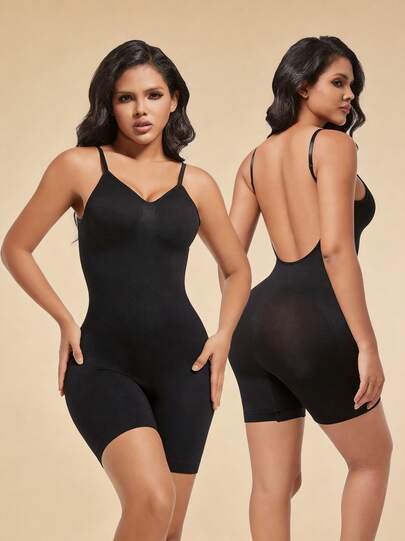 1件女性無縫塑身衣，附腰部訓練器，腹部控制，臀部加強，開背設計，方領連身衣