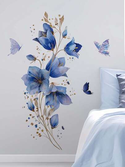 1件水彩蓝色花卉金色枝条蝴蝶墙贴，可移除墙贴，适用于卧室、客厅