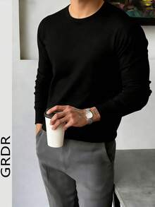 GRDR Men's Solid Color Casual Versatile Crew Neck Long Sleeve T-Shirt - Black - View 2