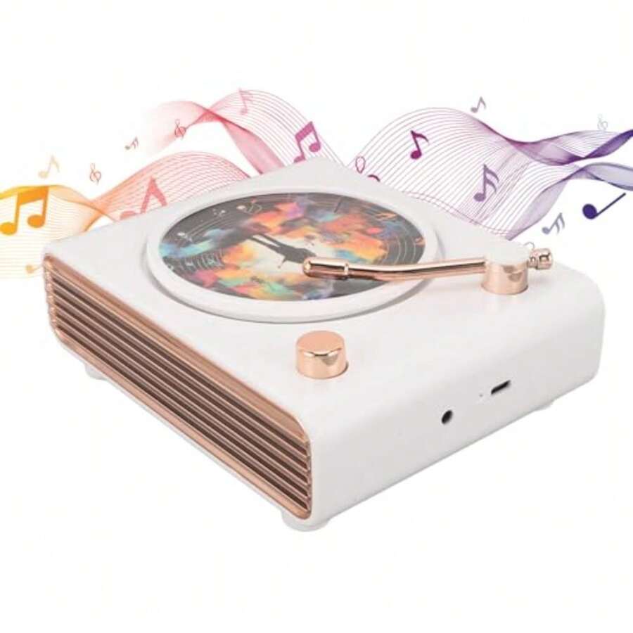 Zunate Altavoz Bluetooth Retro Portátil Estilo Tocadiscos de Vinilo Vintage con Luz Colorida Rosa - blanco - Ver 1