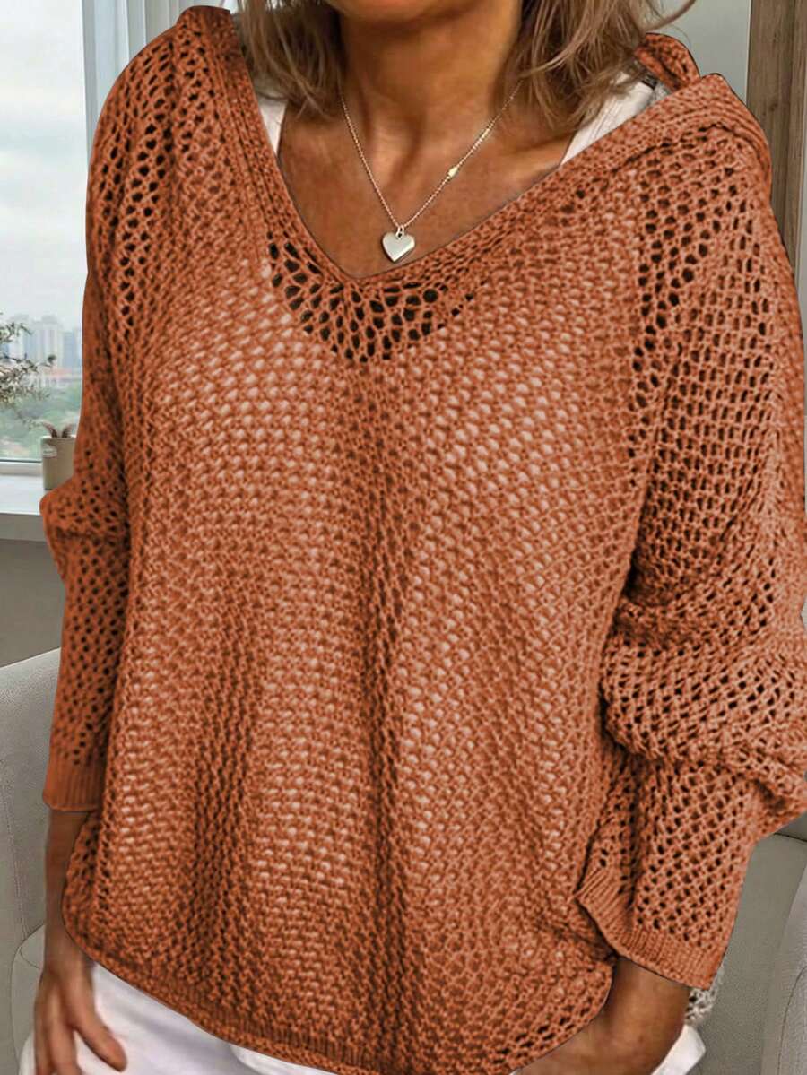 Lubi Women's Spring/Autumn/Summer Hollow V-Neck Long Sleeve Loose Relaxed Knit Sweater, Breathable Knit Fabric, Casual Comfortable For Daily, Commute, Home, Afternoon Tea, Beach Vacation - Burnt Orange - View 1