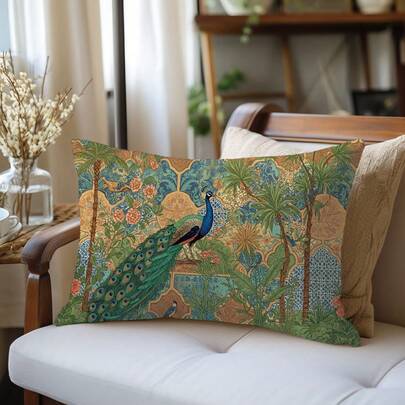 1pc Vintage Peacock & Palm Tree Pattern Cushion Cover, Soft Peach Velvet Fabric, Single-Sided Printed 30*50cm/40*60cm, Suitable For Home Living Room Bedroom Sofa Decor, Holiday Gift, No Pillow Insert