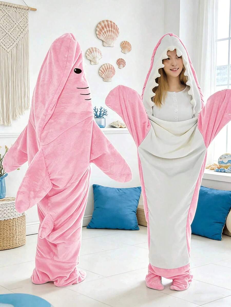 Sleeping bag (Shark) Túi ngủ hình cá mập hoạt hình, bộ đồ ngủ bằng vải flannel, kiểu dáng hiện đại, chất liệu polyester mềm mại, có thể giặt máy, đồ mặc nhà, kiểu áo choàng tắm, vải dệt kim, 250g/㎡