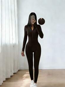 Women's Stand Collar Zipper One-Piece Sportswear, Spring Elegant - Brown - View 6