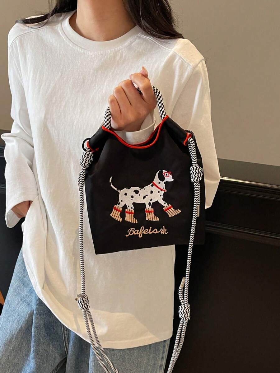 可爱斑点狗刺绣迷你方包，休闲百搭单肩斜挎包，学生日常包 - 黑色 - 查看 1