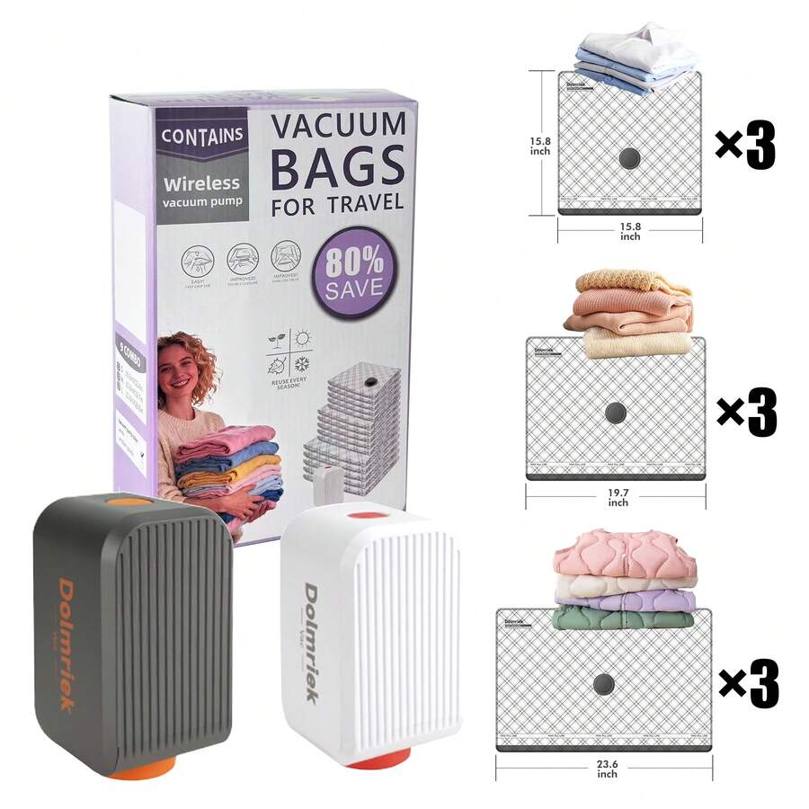 9pcs Travel Vacuum Storage Bags With Rechargeable Air Pump, Carry-On Luggage Size Compression Packing Cubes, Clothes & Garment Travel Organizer To Save Space