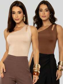 Kit 2 Women's Basic One Shoulder Blouse With No Sleeves - 白色和棕色 - 查看 4