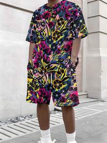 Two-Piece, Bold And Vibrant, Knitted Fabric, Rich And Saturated Colors, Men's Street Casual, Summer Street Casual, Blue, Pink And Yellow All-Over Floral Print, Men's Short-Sleeve Beach Pants Set - 彩色 - 查看 4