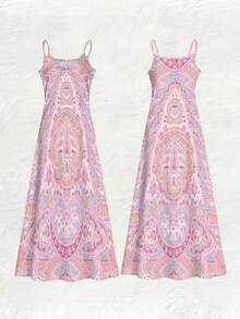 One Pcs Women's White-Based Pink & Blue Paisley All-Over Print V-Neck Spaghetti Strap Maxi Dress, Thin Straps, Retro-Style Dress - 彩色 - 查看 5