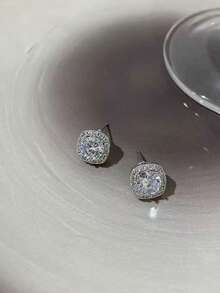 Fashionable Minimalist Exquisite Sparkling Fully Paved Square Rhinestone Luxurious Elegant Small Square Stud Earrings - White - View 1