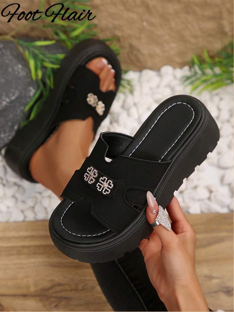 女士水钻装饰镂空圆头厚底凉鞋，波西米亚风户外沙滩鞋，春夏休闲坡跟凉鞋 - 黑色 - 查看 1