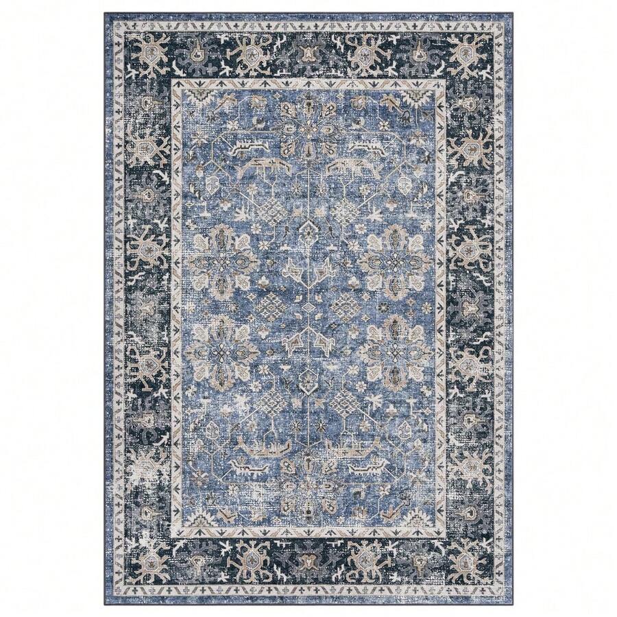Vintage Runner Rug Floral Pattern Rug Washable Area Rug Soft Area Rug For Bedroom Stain Resistant Rugs With Non Slip Backing Low Pile Rug For Kitchen Bathroom - 藍黑色 - 查看 1