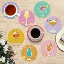 8件套DIY钻石画杯垫套装，带支架 - 果汁主题，圆形和不对称形状钻石，木制工艺套装，适合成人和初学者 - 查看 5
