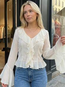 Women Long Sleeve Shirts Solid Color Ruffles V-Neck Loose Blouses Spring Casual Sheer Chiffon Tops Streetwear - White - View 3