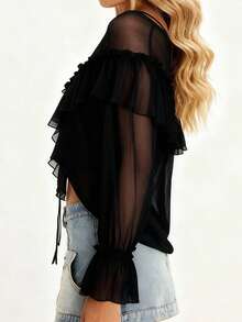 Women's Long Sleeve Blouse Front Tie Bow Casual Loose Fit Stylish Solid Color Sheer Ruffled V Neck Tops for Spring/Summer - Negro - Ver 4