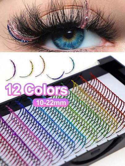 Waloshow 240pcs/Box Colorful Glitter False Eyelashes, Fairy Lash Extensions, 12 Colors Sequin Lashes, Curly D-Curl