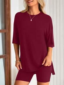 PRETTYGARDEN Women's Summer Clothes 2 Piece Sets Lounge Set Casual Oversized Shirts Biker Shorts Matching Airport Travel Sweatsuit Set Women Vacation Outfit Dark Red Summer Brunch Outfits For Women - 暗紅色 - 查看 6