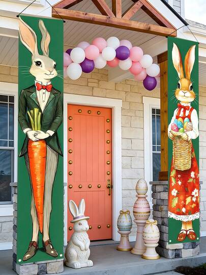 2pcs Happy Easter Bunny Porch Signs, Cartoon Rabbit Carrot Eggs Print Door Banners, Waterproof Fabric Wall Decorations For Front Door, Yard, Indoor Outdoor Party