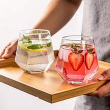 2pcs Unique Hexagon Shaped Glass Cup, Suitable For Water, Juice, Beverage, Milk, Whiskey, Bourbon, Dishwasher - Transparent - View 2