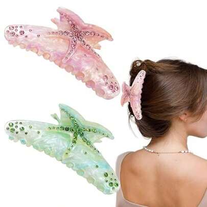 1pc Women's Summer New Rhinestone Starfish Hair Clip, Acetate Hair Claw, 3D Acetate Colorful Hair Claw Clip Hair Accessory, Valentine's Day Gift For Girlfriend Fashion Hair Clutch