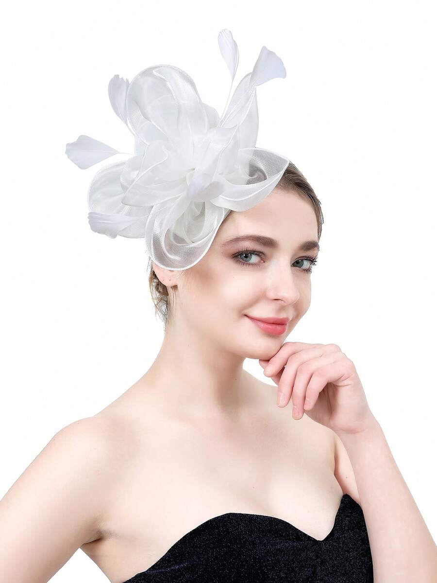 Fascinators Hat Tea Party Headwear Ribbons On A Headband And A Clip For Girls And Women,Summer,Beach,Wedding - White - View 1