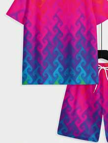 Two-Piece, Vibrant And Eye-Catching, Knitted Fabric, Gradient Color Design, Men's Seaside Vacation, Summer Seaside Vacation, Red, Blue And Pink Gradient Wave Pattern, Men's Short-Sleeve Beach Pants Set - 彩色 - 查看 6