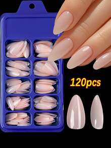 120pcs/Box Almond-Shaped Nude Color Press-On Nail Stickers, Acrylic Shallow Pink Full Coverage Glossy False Nails, Suitable For Spring & Summer Daily Wear - Apricot - View 4