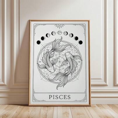 1pc Frameless Pisces Zodiac Tarot Art Print, Two Fish Constellation Illustration With Starry Night Sky, Black & White Celestial Poster For Bedroom, Dorm, Living Room Decor, Back To School, Funky Posters,Unique Gift