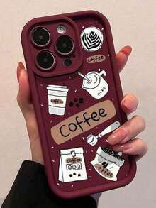 1pc Wine Red Coffee Pattern Full Coverage TPU Shockproof Phone Case Compatible With Apple 16, 15, 14, 13, 12, 11 Pro Max - Multicolor - View 1
