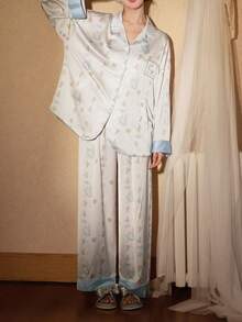 Disney 两件套迪士尼玛丽猫印花纯棉长袖睡衣套装，女士款，春秋季 - 淺藍色 - 查看 10