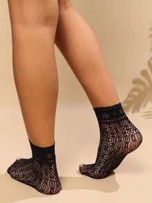 5 Pairs Women's Lace Ankle Socks, Thin Fishnet Socks - Black - View 6