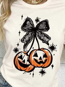 2026 New Arrival Women's T-Shirt, Premium Cotton Crew Neck Short Sleeve Halloween Nightmare Before Christmas Casual Pumpkin & Bow Lace Print Round Neck Short Sleeve T-Shirt For Women Perfect For Spring & Autumn, Spring Break, Summer Beach Vacation & Back To School - Light Apricot - View 2