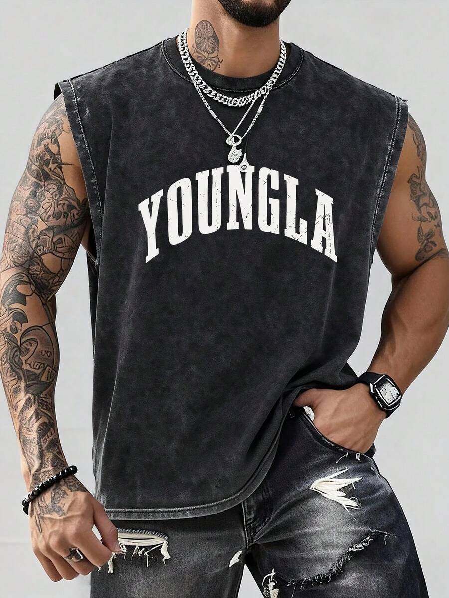 Men's Printed Vintage Washed Vest, Loose Fit, Casual Street Style, An Essential Everyday Item. - Black - View 1