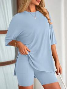PRETTYGARDEN Women's Summer Clothes 2 Piece Sets Lounge Set Casual Oversized Shirts Biker Shorts Matching Airport Travel Sweatsuit Set Women Vacation Outfit Light Blue Summer Brunch Outfits For Women - 淺藍色 - 查看 3