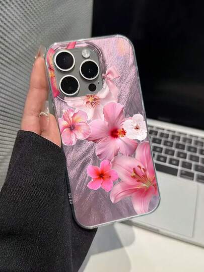 1pc Lily, Hibiscus, And Cherry Blossoms Pattern Print IMD Process Gradient Feather Yarn Phone Case Compatible With IPhone 13/11/17/17pro/16/14/15/15pro/15 Plus/15 Promax/7plus/8plus/X/Xs Max/Xr/11pro/12pro/13pro/14pro/12mini/13mini/11promax/12promax/13promax/14promax/14plus/17pro Max/17Air/6/6s Plus/7/8/16Pro/16plus/16promax/Se2/17promax&Compatible With Samsung Galaxy/A54/A14/A12/A13/A15/A32/A33/A24/A52S/S20/S21/S22/S23/S24/S23Plus/S24ultra/S25/A15/A33/A23