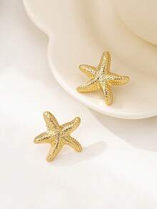 1 Pair Fashionable Versatile Gold Starfish Earrings For Women - Gold - View 3