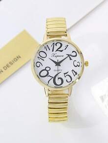 1 件女士石英表，阿拉伯数字时标，弹性表带，休闲圆形表盘，时尚奢华女士腕表 - 金色 - 查看 9