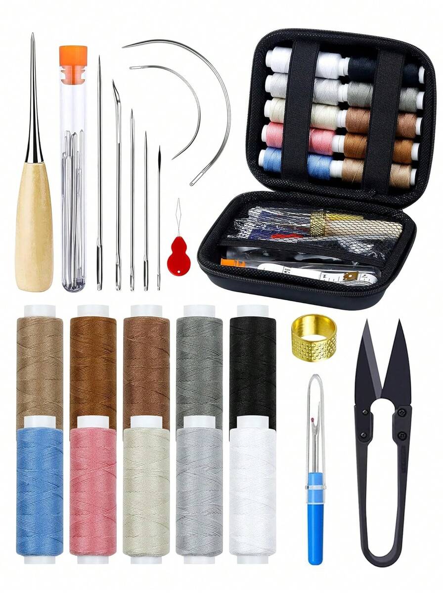 Heavy Duty Sewing Tool Kit, Includes Needles, Threads, Seam Ripper, Suitable For DIY On Car Seats, Carpets, Shoes, Backpacks - Multicolor - View 1