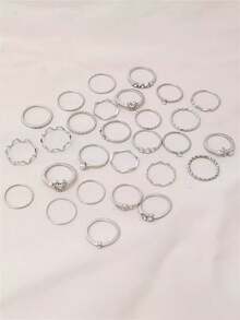 28pcs Fashion Ring Set, Silver Minimalist Rhinestone Heart, Wave And Geometric Pattern Stackable Rings, Suitable For Daily Wear, Party, Music Festival And Office Attire - Silver - View 5