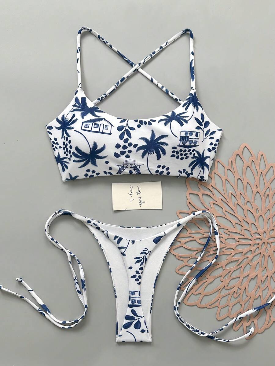2pcs Casual Elegant Sexy Bohemian Leopard Star Print Tie-Up Crochet Contrast Trim Bikini Swimwear, Beach Holiday, Spring/Summer Vacation - Blue - View 1