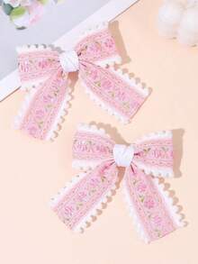2pcs/Set Girls Pink Floral Embroidery Bow Hair Clips, Suitable For Spring/Summer Daily Wear, Teenage Hair Accessories - Multicolor - View 2
