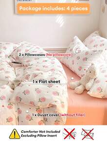 Juego de ropa de cama de 4 piezas con estampado de conejo rosa estilo coreano Ins (1 funda nórdica + 2 fundas de almohada + 1 sábana plana, sin edredón ni almohada), de microfibra suave, adecuado para dormitorio principal, habitación de invitados, dormitorio, impresión de alta definición, lavable a máquina, disponible en tamaños pequeño/grande/individual/doble - Rosa - Ver 6