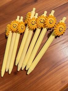 6pcs Black Sunflower Ballpoint Pens, 0.5mm Retractable Quick-Drying Ink Pens Suitable For Students - Sunflower - View 3