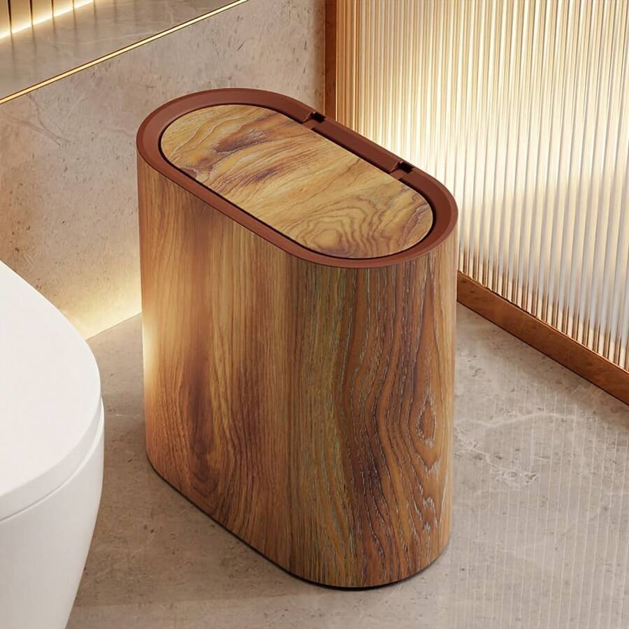 Senmeo 3.7 Gallon Dual Compartment Trash Can - Odor Resistant Lid Press To Open, Plastic With Handle Easy Clean For Bathroom Kitchen - 1件--木紋 - 查看 1