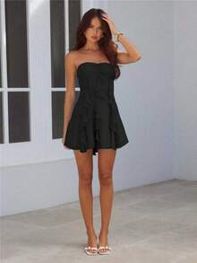 性感时尚不对称荷叶边迷你连衣裙，春夏新品 - 黑色 - 查看 8