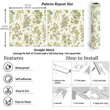 1卷清新绿色植物花鸟壁纸，时尚植物壁纸，精致室内装饰膜，适用于翻新房间橱柜装饰壁纸，各种房间墙面装饰壁纸，易于安装，手工工艺膜 - i - 查看 8