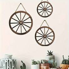 3pcs Vintage Wooden Carriage Wheel Decor - Solid Wood Wheel Pendant For Bar Decoration, Antique Style Wooden Wheel For Furniture Decor - Retro Western Cowboy Theme, Suitable For Bar, Garage And Home Decoration - 9.84*9.84 Inches - View 4