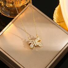 1pc Elegant Sparkling Stainless Steel Cubic Zirconia Butterfly Pendant Necklace, Suitable For Women's Party Wear And Gift - bow tie - View 3