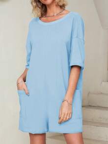 Women's Oversized Romper Casual Loose Fit Short Sleeve Summer Jumpsuit With Pockets Beach Vacation Everyday Wear - 淺藍色 - 查看 6