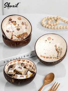 shoxil 1pc Coconut Shell Bowl, Round, Vintage Painted Style, Suitable For Holding Snacks And Fruits, Applicable For Kitchen, Yard, Party, Outdoor Picnic, Holiday Dining Table Decor, Handmade Gift - Shell Coconut Bowl - View 4
